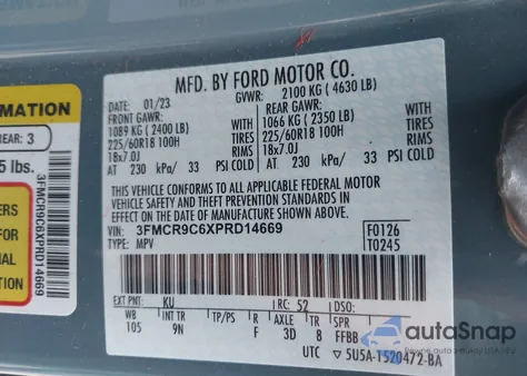 2023 Ford Bronco Sport Outer Banks z USA, uszkodzony, nr VIN 3FMCR9C6XPRD14669